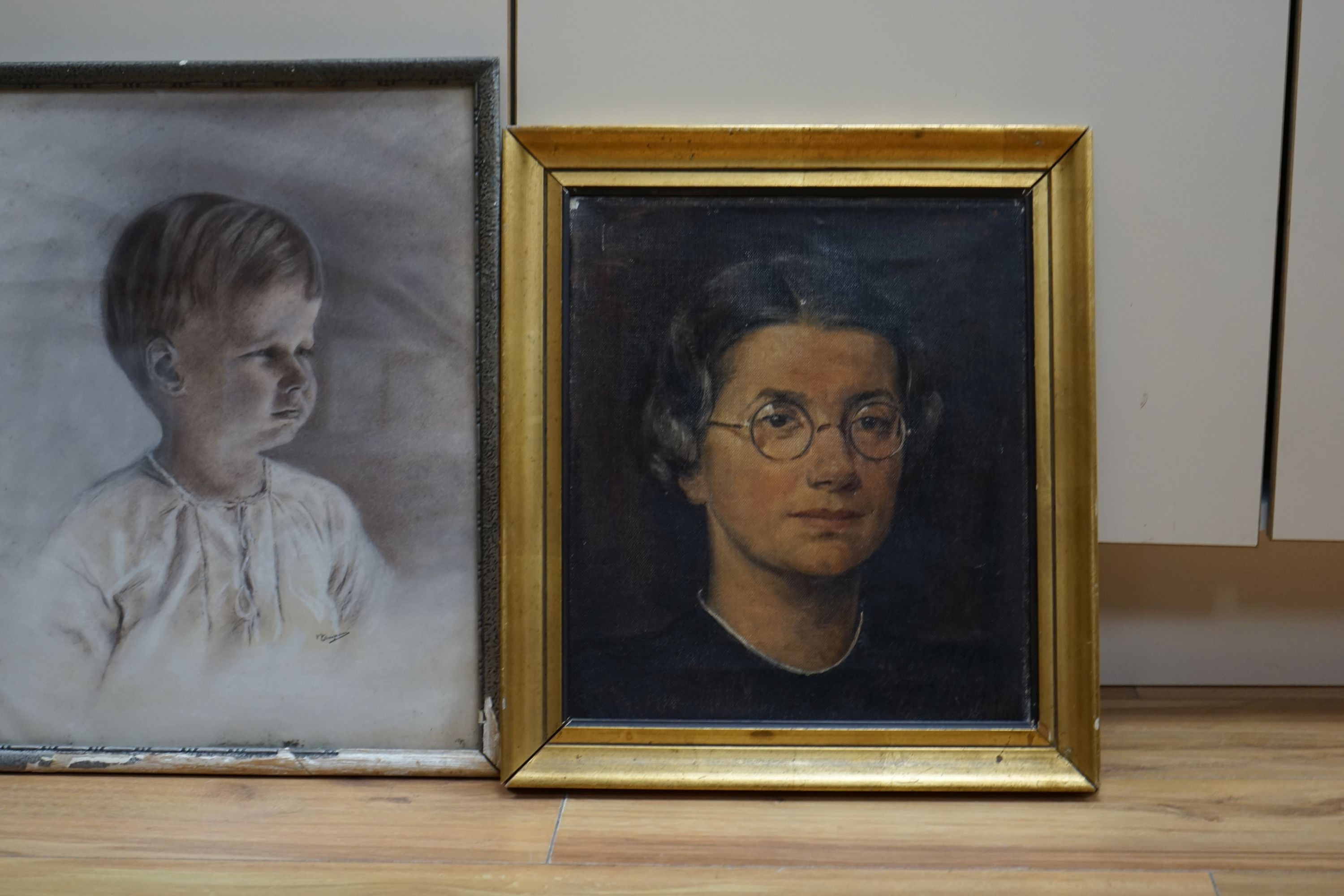 Dutch School (20th century), oil on canvas, Head and shoulder portrait of W. de Villeneuve Mees, indistinctly signed and dated 1938, 34 x 30cm and a chalk drawing of a young boy, signed 'Camponi' (2), 34 x 29cm